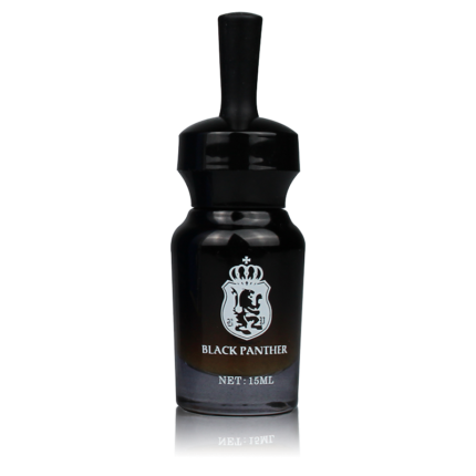 A sleek, black 15ml bottle labeled "Black Panther" with a lion crest logo. The bottle has a sophisticated design, featuring a dropper top for precise application.