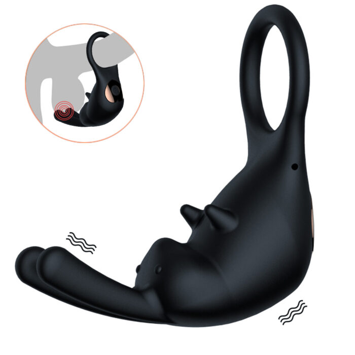 a black vibrating cock ring designed for enhancing male pleasure with an ergonomic shape and multiple vibration points.