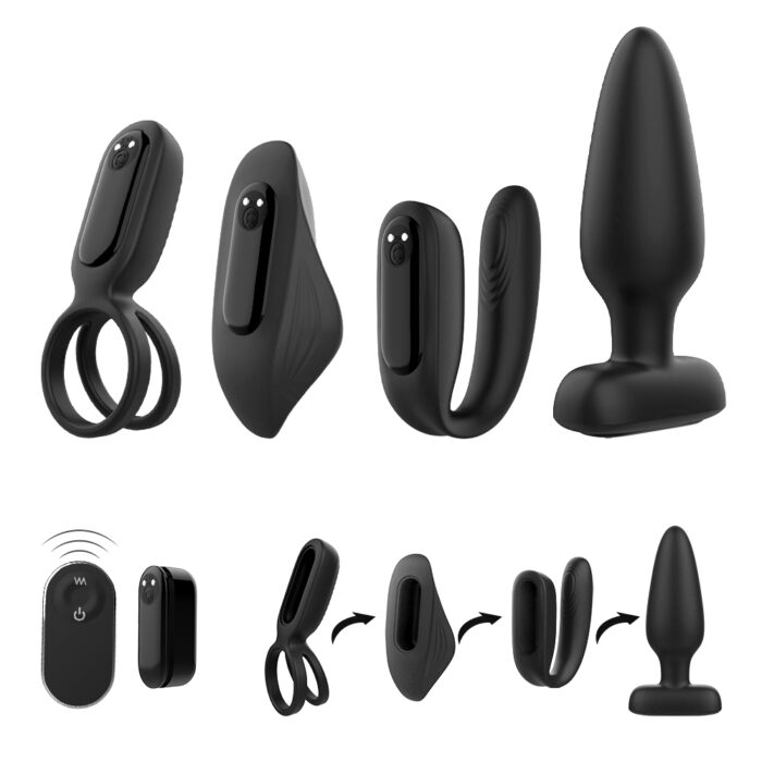 A set of four black sex toys, including a vibrating cock ring, a clitoral stimulator, a prostate massager, and a butt plug. Each toy features a sleek design and a wireless remote control for ease of use and enhanced pleasure. The image also shows individual views of each toy, highlighting their unique shapes and functionalities.