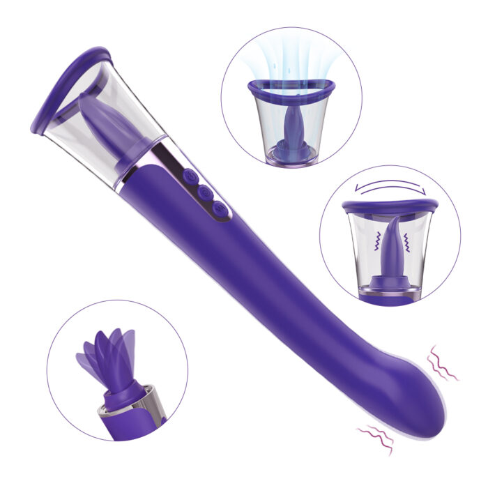 This image shows a purple vibrator with multiple functions. It features a suction cup at the end with rotating and vibrating capabilities, designed for enhanced pleasure.