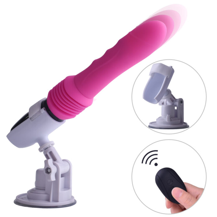 a pink telescopic vibrator mounted on a white suction base, which allows for hands-free use by attaching it to smooth surfaces. The vibrator has a ribbed texture for enhanced stimulation and offers multiple speeds and patterns, controlled by a wireless remote shown in the inset. The remote control allows for easy adjustment of settings without interrupting the experience, making it a versatile and convenient device for personal pleasure.