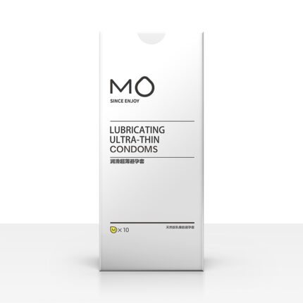 MO lubricating ultra-thin condoms in a minimalist black and white packaging, featuring round individually wrapped condoms. The design is sleek and modern, emphasizing the product’s ultra-thin nature