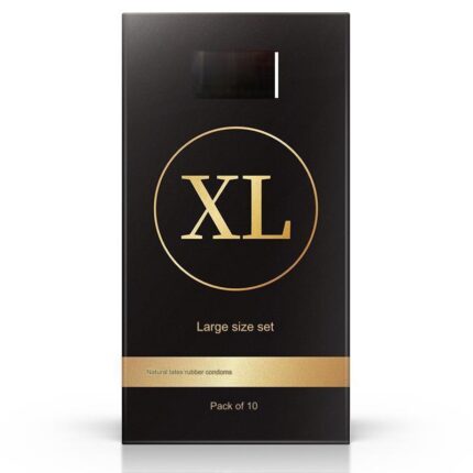 The image presents a large size set of condoms named "XI", made from natural latex rubber. The product emphasizes its larger dimensions, with a pack containing 10 condoms, suitable for users seeking a closer fit.