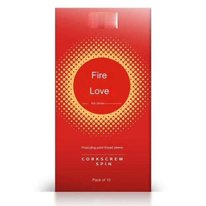 This image displays a pleasure product named "Fire Love Hot climax", highlighting its passionate and exciting features. The product has a protruding dotted thread design to enhance the pleasure during use. The image also indicates "CORKSCREW SPIN", possibly referring to the product's special rotating feature. Additionally, the pack contains 10 individual units for convenient use and sharing.