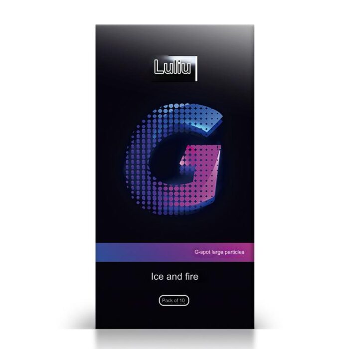 This image presents a pleasure product from the Luliu brand, highlighting its design with large particles targeting the G-spot to enhance stimulation during sexual activities. The product also features a dual sensation of "ice and fire," and comes in a pack of 10 individually wrapped units, offering consumers a variety of experiences.