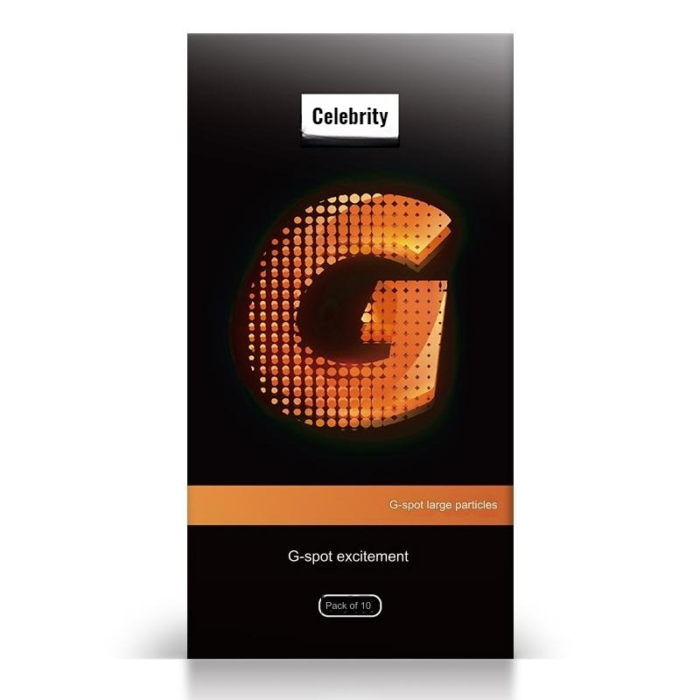 The image presents the Celebrity brand's adult pleasure product, highlighting its large G-spot particles designed for exciting stimulation. The pack contains 10 units made from natural latex rubber, suitable for users seeking high quality and specific sensations.