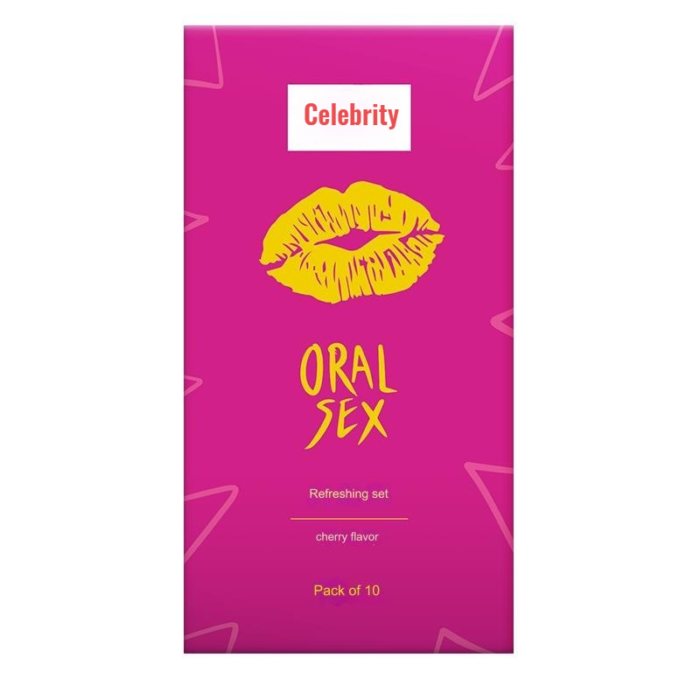 This image presents an adult oral sex toy set named Celebrity, featuring a cherry flavor and consisting of 10 packs, intended to offer a refreshing experience.