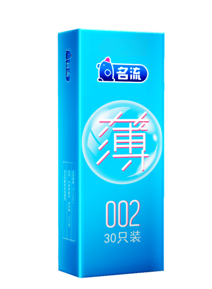 Mingliu 002 ultra-thin latex condoms packaging layout, with a blue background and minimalistic design. The packaging highlights the product’s thinness and includes detailed product information on the sides.