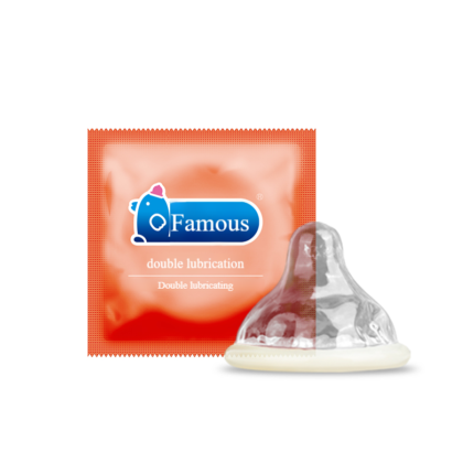 Double lubricating natural latex condoms from the brand "Personage," with red packaging and "Double Lubricating" displayed.