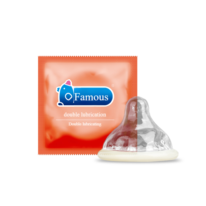 Double lubricating natural latex condoms from the brand "Personage," with red packaging and "Double Lubricating" displayed.