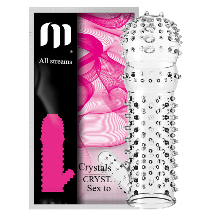 Crystal spiked sleeve from the brand "Personage," with black and pink design packaging and "Crystal Sex Toy" displayed.