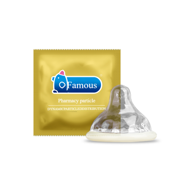 Dynamic particle distribution natural latex condoms from the brand "Personage," with yellow packaging and "Dynamic Particle Distribution" displayed.