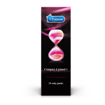 The image features a box of Mingliu Close Fit 4-in-1 condoms, which includes 24 individually wrapped condoms. The packaging has a sleek black design with a prominent pink hourglass symbol, emphasizing the product’s snug fit, lubrication, and extra sensation for enhanced pleasure.