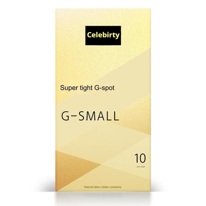 The image displays a pack of Mingliu G-SMALL ultra-tight G-Spot condoms. The packaging is gold, symbolizing luxury and premium quality, with "G-SMALL" and "Ultra-Tight G-Spot" prominently displayed. The design emphasizes the product's focus on providing a snug fit for enhanced G-spot stimulation.