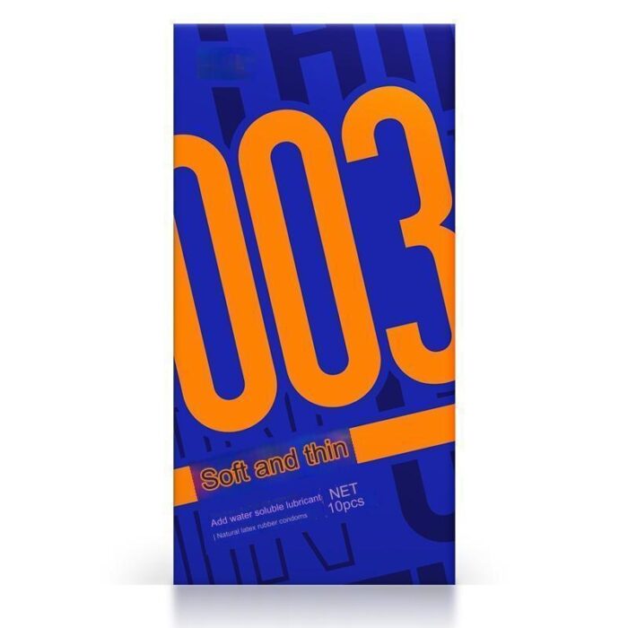 Packaging for 003 Soft and Thin natural latex condoms, featuring bold orange '003' text on a blue background, with details about water-soluble lubricant and 10 pieces per pack.