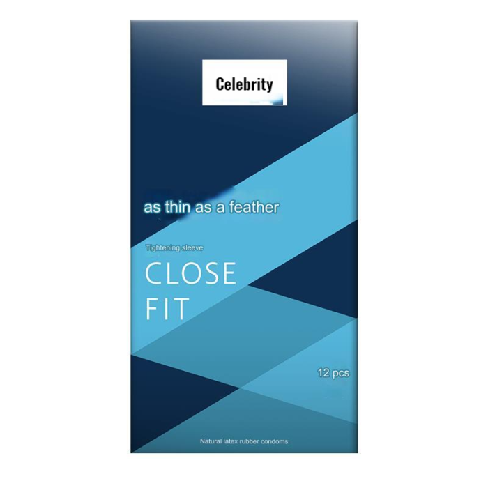 Packaging of 'Celebrity' brand condoms labeled 'CLOSE FIT', featuring a tightening sleeve, 12 pieces per box. The packaging is predominantly blue with text that reads 'as thin as a feather' and 'Natural latex rubber condoms'.