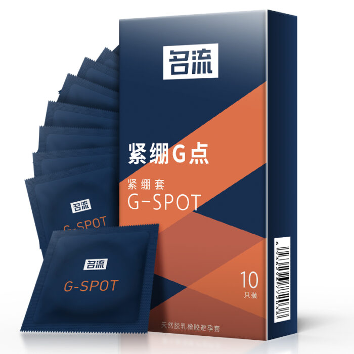 Tight fit G-spot natural latex condoms from the brand "Personage," with blue and orange packaging and "G-Spot Tight Fit" displayed.